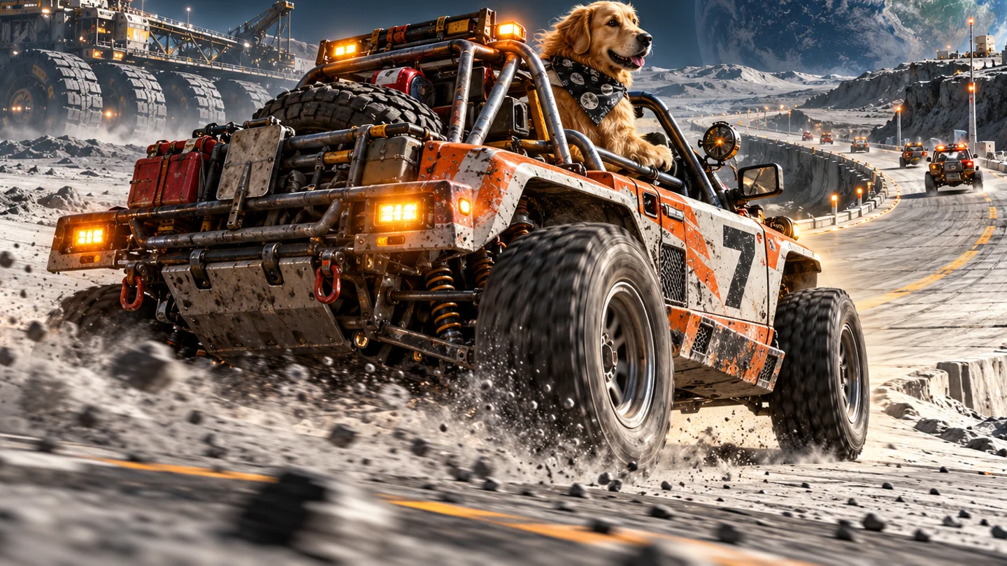 A patched rally buggy with a golden retriever driver rounds a lunar causeway beneath Earthrise